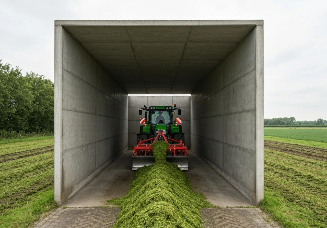 Boer met shovel vult een sleufsilo in dunne lagen en een tractor verdicht het voer met de wals.