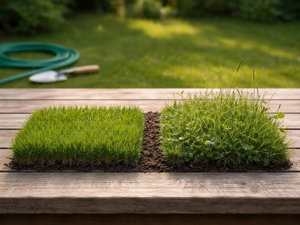 Twee naast elkaar liggende stukjes groen op een tuintafel: grasachtig gazon en ruigere weidebegroeiing.