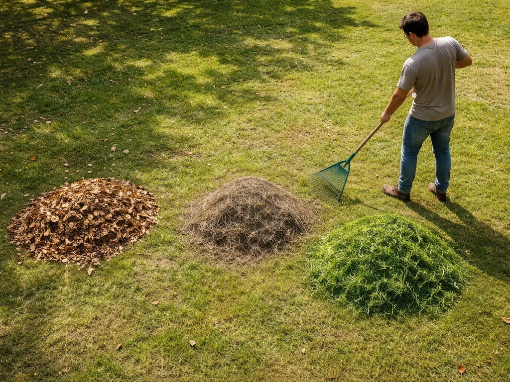 Geharkte stapels vers maaisel, vilt/dood gras en bladresten in een tuin, klaar voor verwerking.