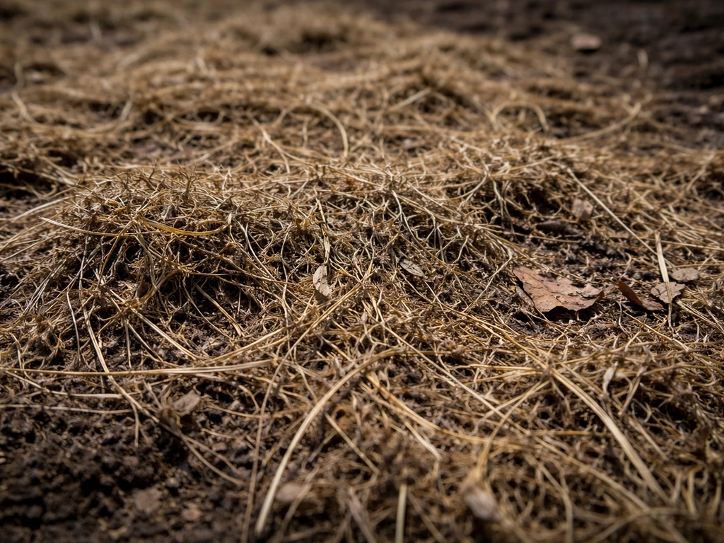Close-up van vezelig vilt en dood gras in een dichte laag voor compost, met aarde en bruin bladresten.