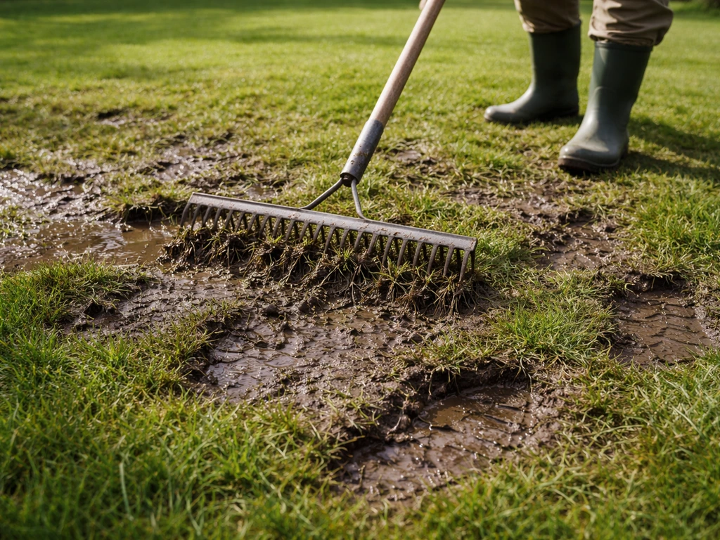 Harkende tuinier op een nat gazon met losgeraakte zoden en kale, ongelijk getrokken plekken.