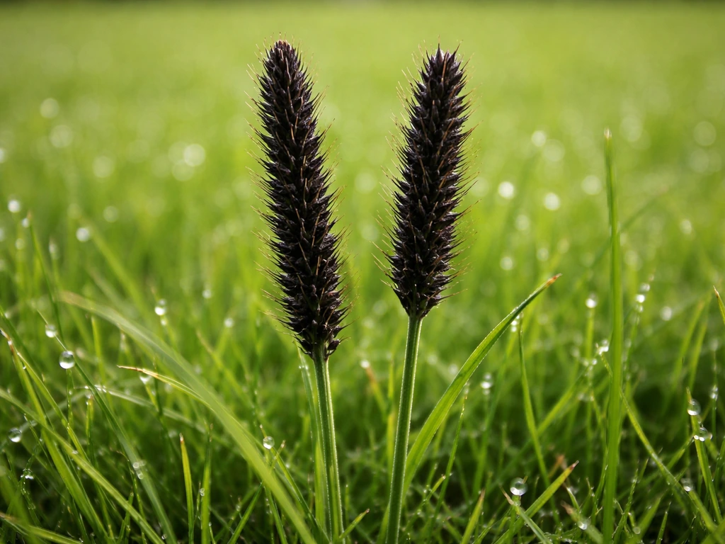 Close-up van twee echte zwarte zaadaren/zaadpluimen op groen gazongras, met natuurlijke dauw.