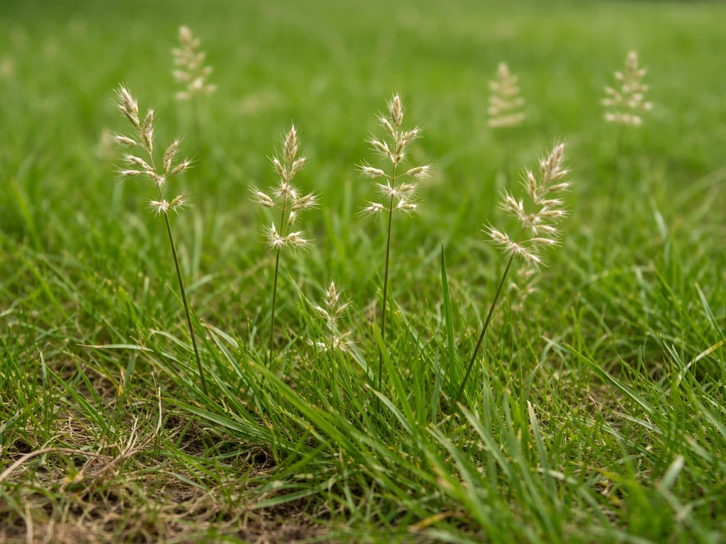 Close-up van straatgraspluimen (Poa annua) tussen kort gazon in een Nederlandse tuin, met zaadstengels zichtbaar.