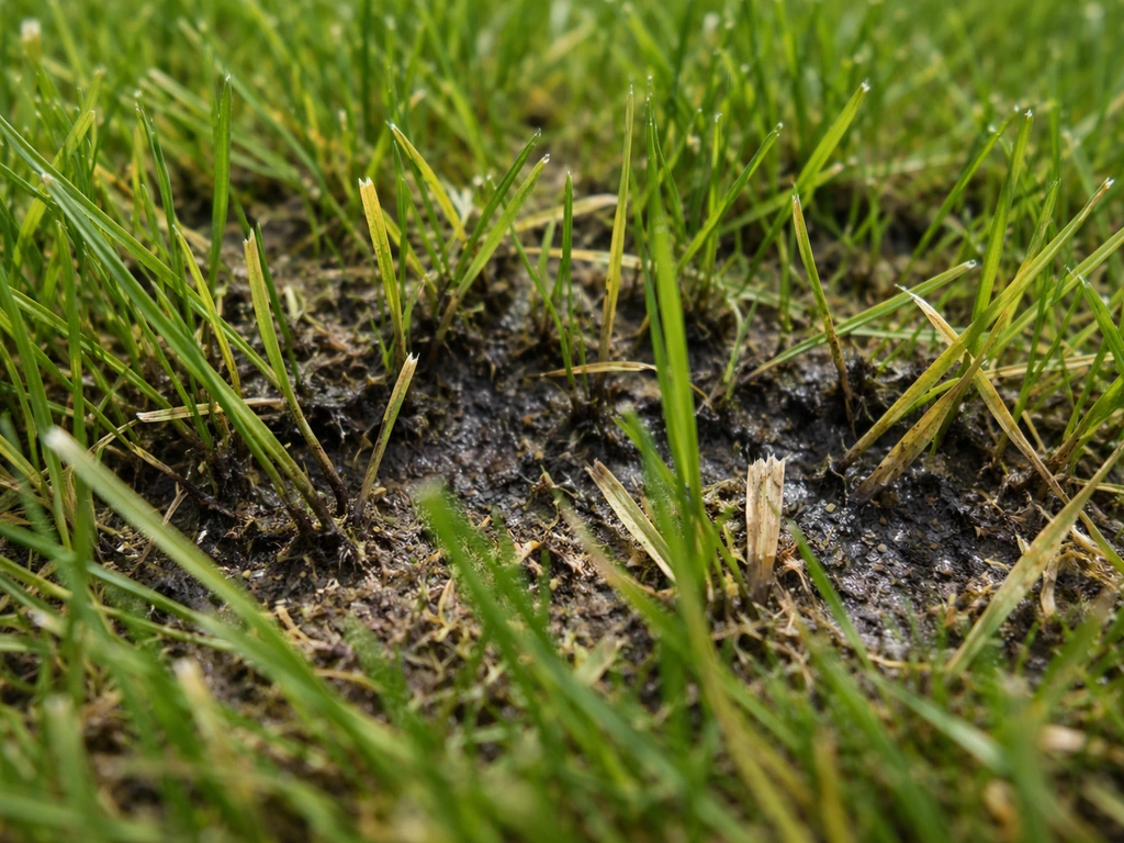 Close-up van donkerzwarte schimmelplekken op gras, met slap of afstervend gazon zichtbaar.