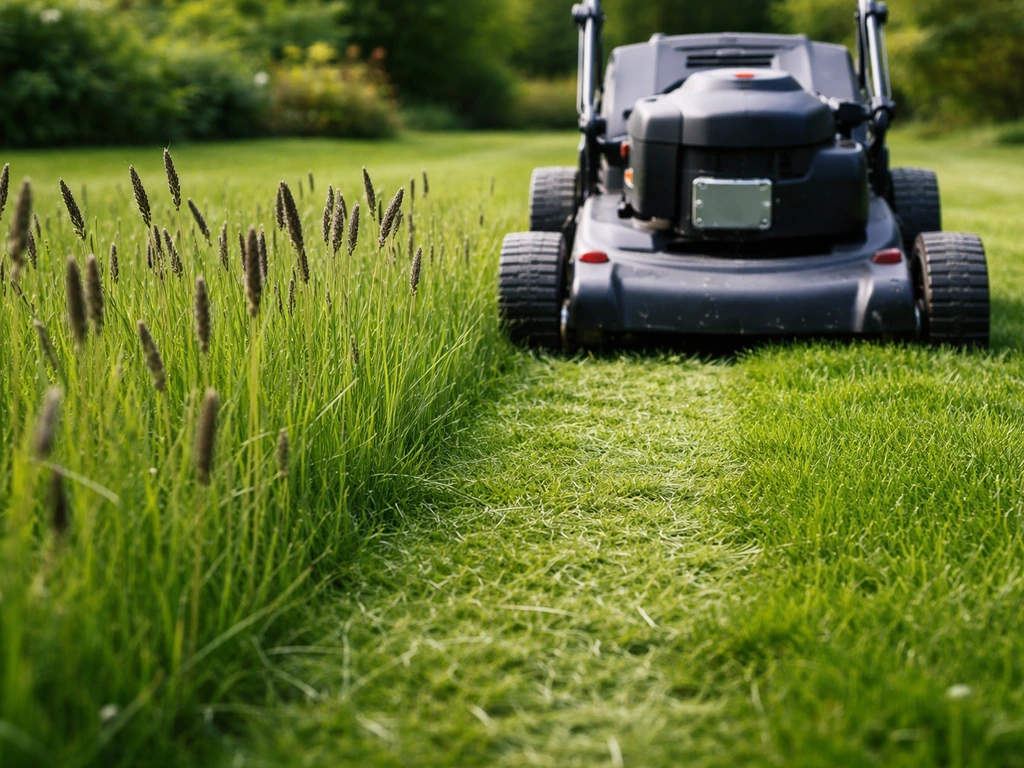 Gazonmaaier die maait op 6–7 cm, met zwarte pluimen/aren zichtbaar in het gras.