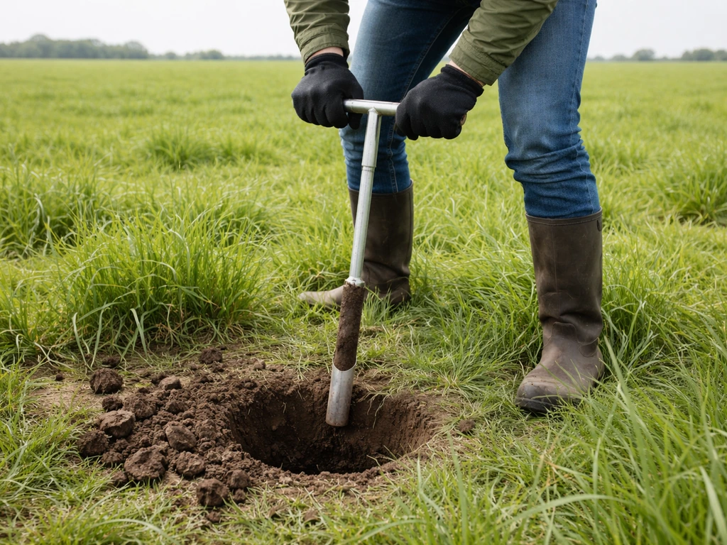Landbouwer neemt met steekboor een grondmonster in een graslandperceel, met zicht op bodem en gras.