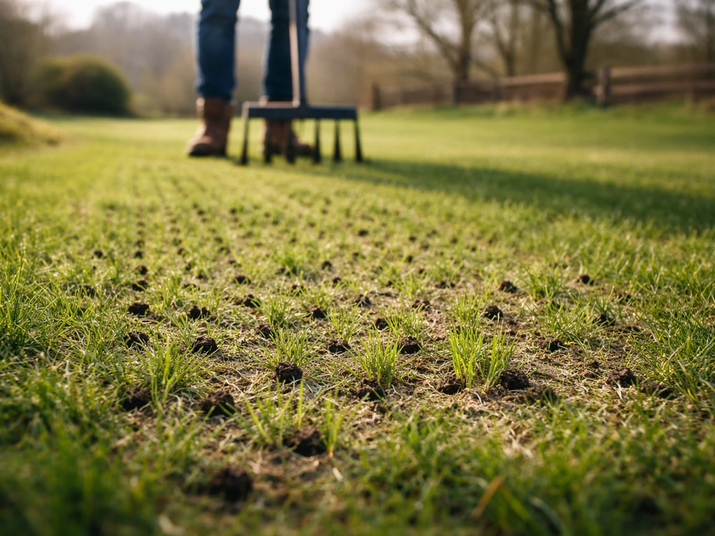 Lentegrasmat met vork-beluchting: zichtbare grondluchtkanalen en jonge hergroei in het gras.