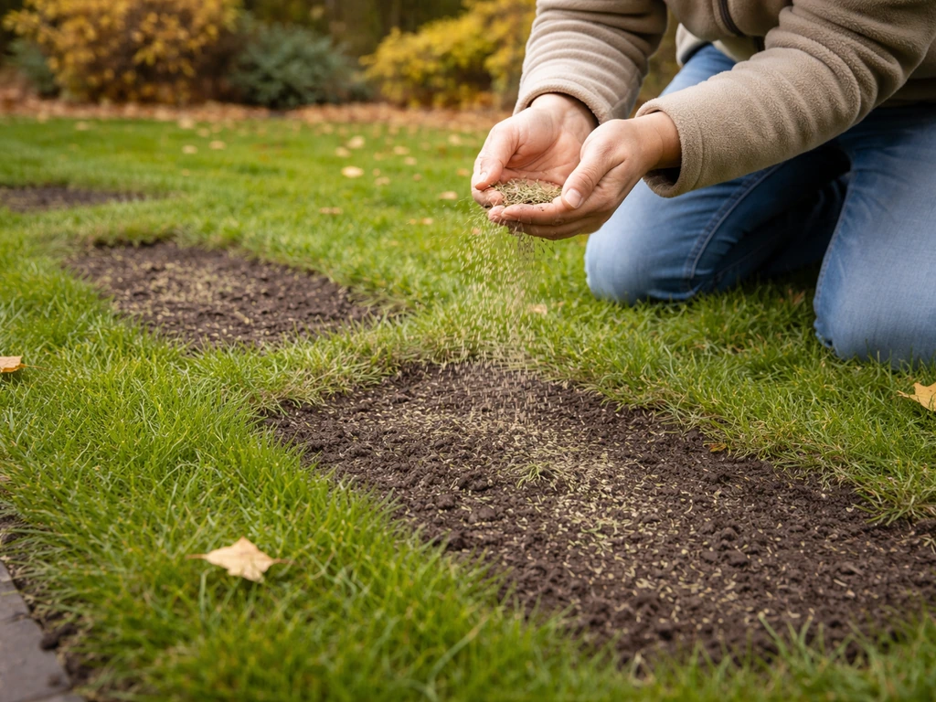Een persoon zaait gras bij kale plekken in het najaar; gezaaide stroken zijn duidelijk zichtbaar op het gazon.