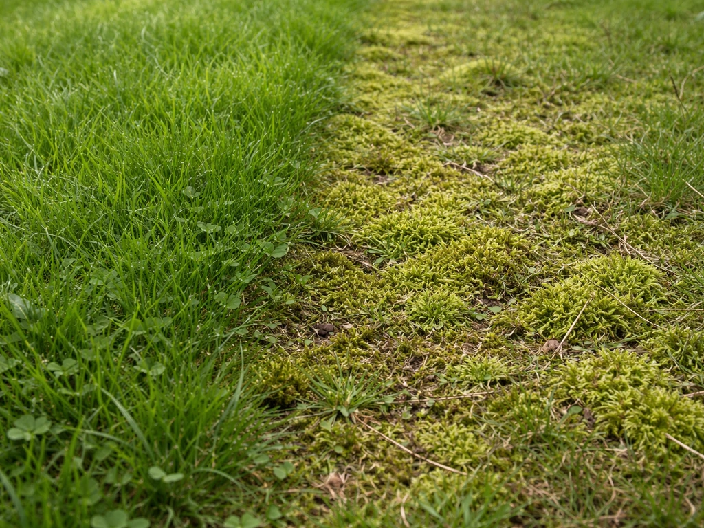 Close-up van mos in het gazon met contrast naast dichter, gezonder gras.