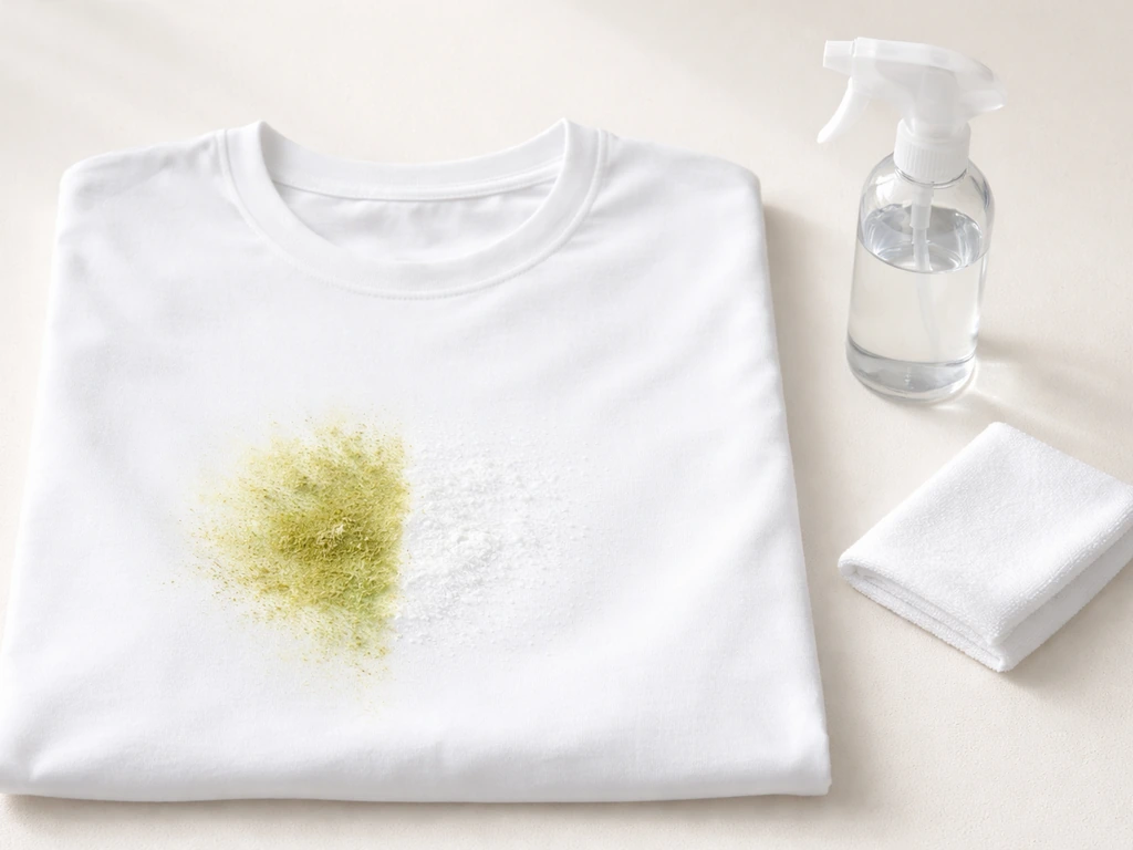 Wit shirt met gedeeltelijk verwijderde grasvlek tegen een rustige achtergrond