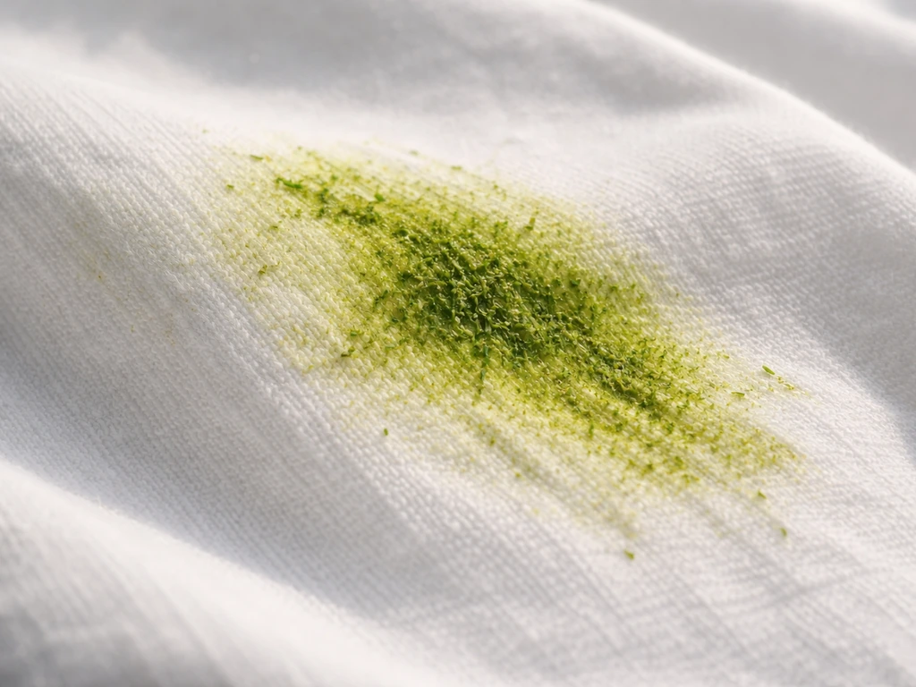 Close-up van een verse grasvlek met groen pigment op witte kledingvezels