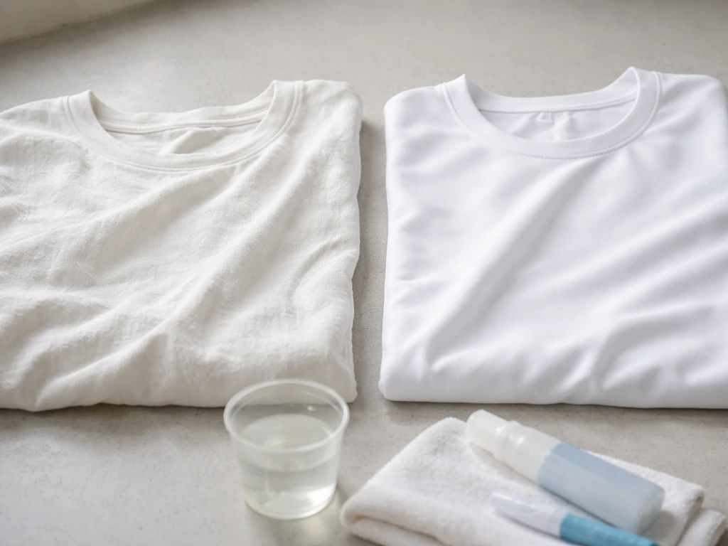 Twee witte shirts (katoen/linnen en synthetisch) naast elkaar op een werkbank, klaar voor vlekverwijdering.
