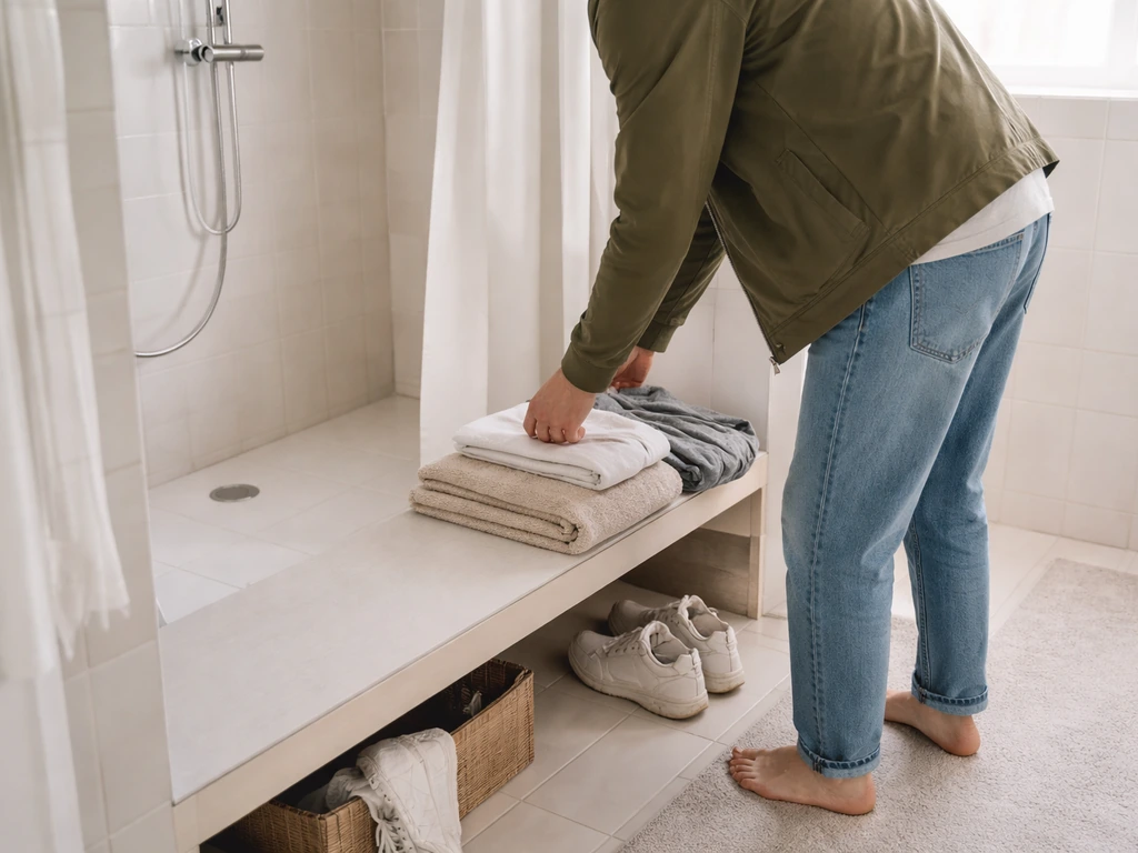 Iemand verwisselt kleding en bereidt een douche voor na buiten zijn, eenvoudige badkamer-scène