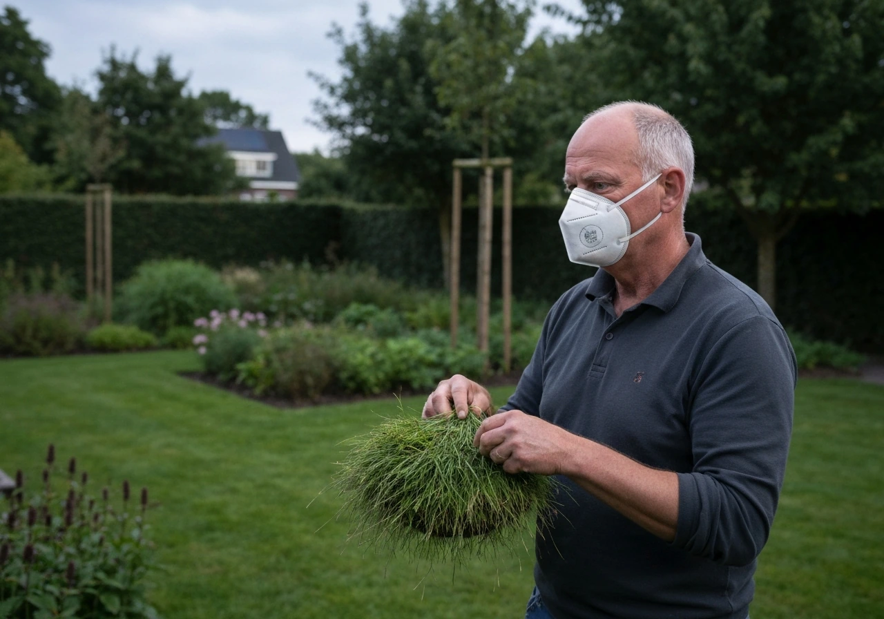 Tuinier met mondmasker die het gazon onderhoudt met een grasmaaier, in nette, verzorgde tuin