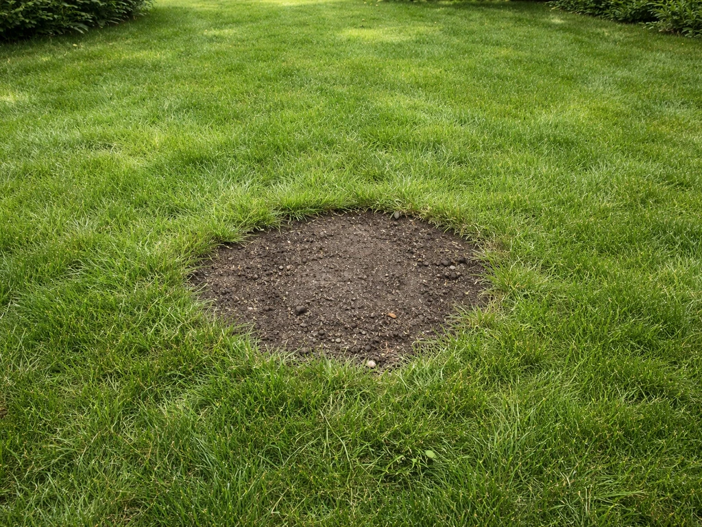 Bovenaanzicht van een Nederlands gazon met een kale plek en omringend intact gras, klaar voor reparatie.