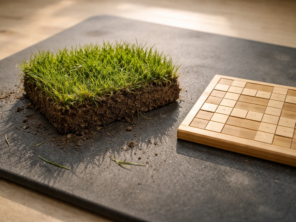 Close-up van een afgesneden stuk graszode op een werkmat, als visuele hint voor “PLAG”.