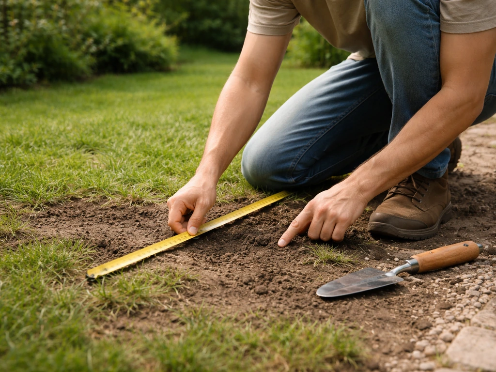 Persoon knielt bij een kaal stuk gras, meet het op en checkt de grondvochtigheid voor zoden of graszaad.