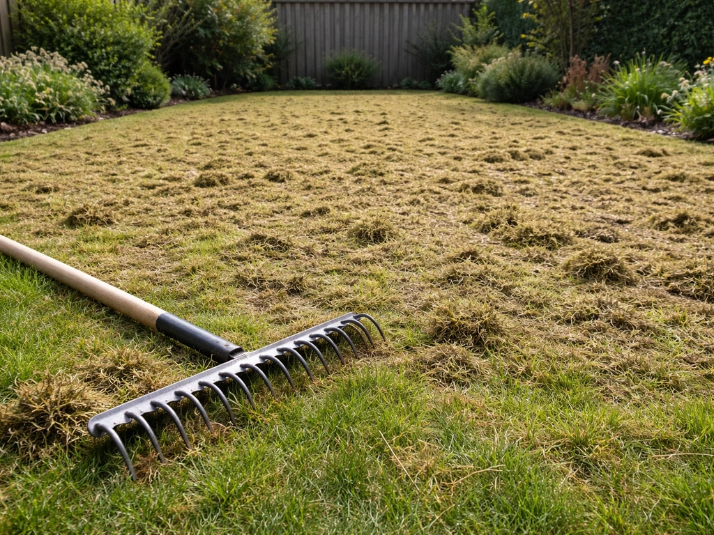 Nederlandse tuin met gazon dat net is losgemaakt: vilt en mos zichtbaar na verticuteren met resten in het gras.