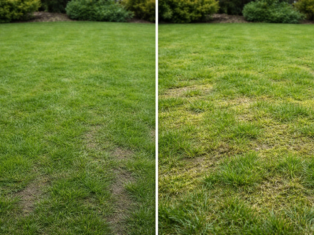 Split-screen met links compact gazon en rechts zichtbaar vilt en mos op het gazon.