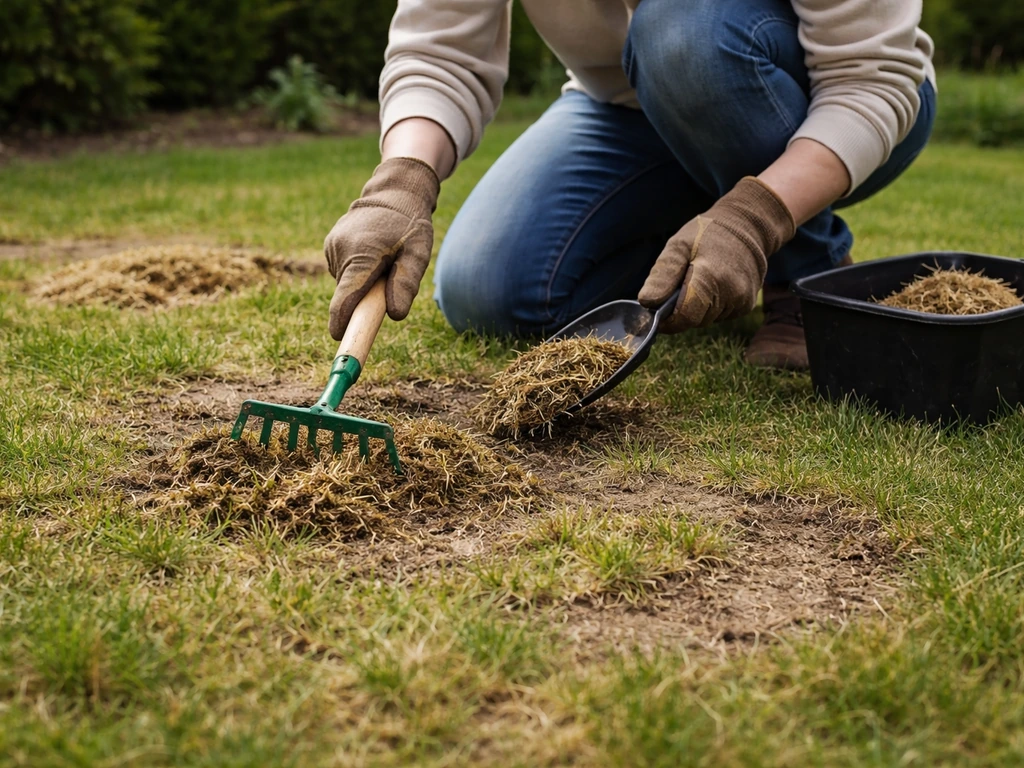 Tuinier harkt losgekomen mos- en viltresten uit een grasmat met kale plekken na het losmaken