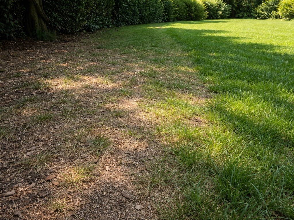 Slecht groeiend gras in de schaduw van een boom, met drogere, vale plekken naast groene volle zon.