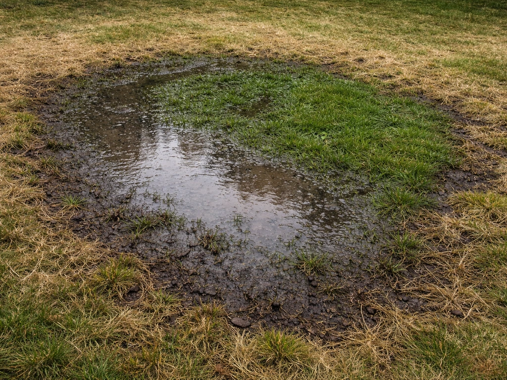 Nat gebleven plek in de tuin met modderige grond, met verdorde gele randen eromheen.