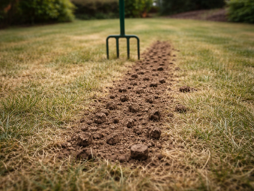 Gazonbeluchter die de bodem doorprikt in een opengewerkte strook voor herstel van verdicht gras
