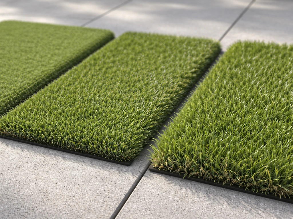 Close-up van drie soorten kunstgras met verschillend poolhoogte en vezelstructuur naast elkaar
