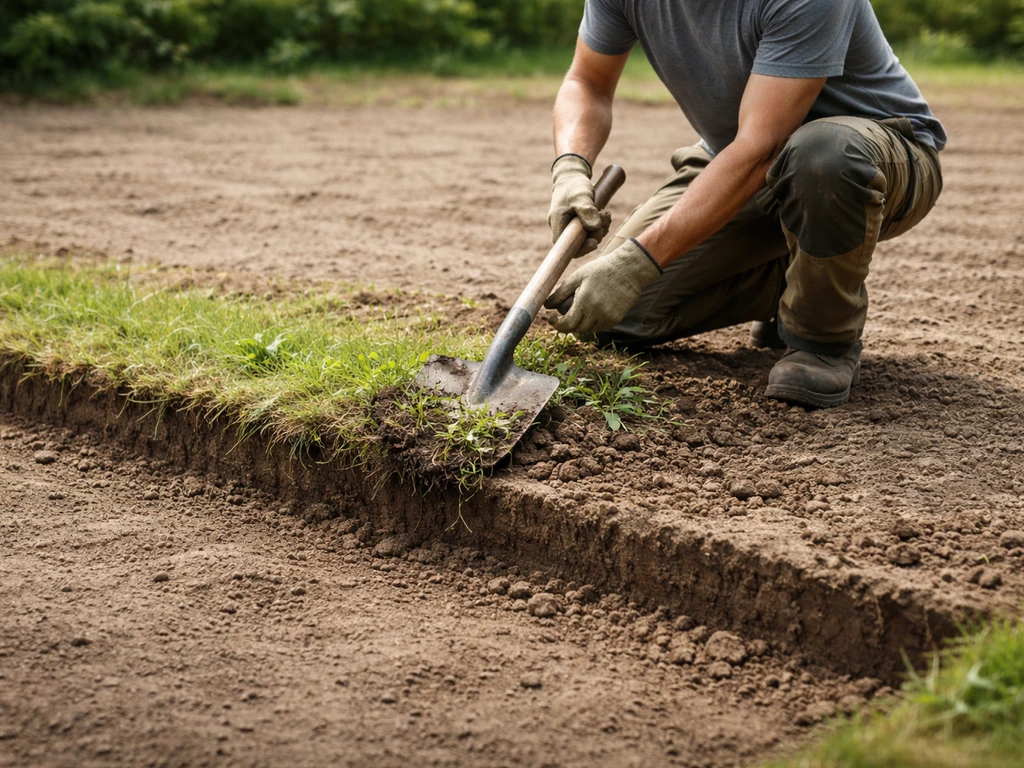 Monteur knielt in een tuin en graaft de ondergrond uit tot een vlakke laag van ongeveer 10 cm.