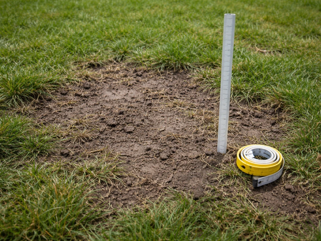 Close-up van kaal/vertrapt gras met meetlint om de omvang van de schade te bepalen