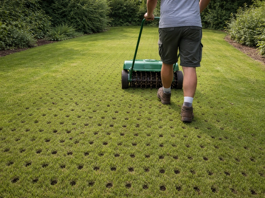 Tuinman die een beluchter/vertidrainer over gazon trekt; zichtbare gaatjes van 8–15 cm en losgemaakte aarde.