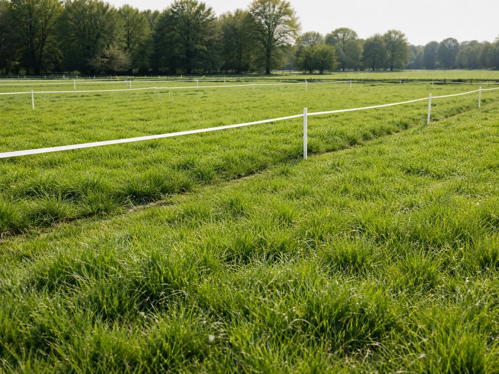 Paardenweide met gras in meerdere afgezette vakken voor rotatie, zonder paarden of mensen.