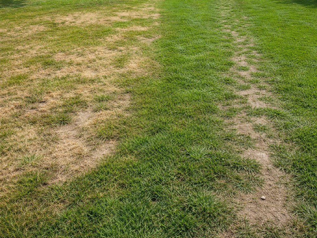 Gele, droge grasplekken naast een verdicht, kort en opengetrapt stukje gazon in de tuin.