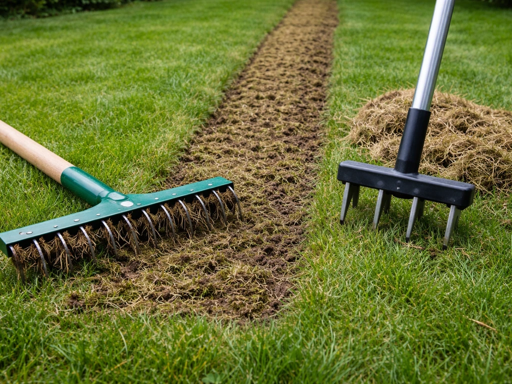 Een gazonstrook die wordt belucht en verticuteerd, met zichtbaar vilt en gereedschap op de achtergrond.