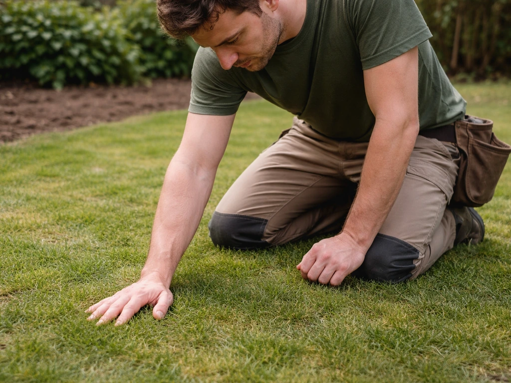Tuinier controleert een strook gazon met de hand, beoordeelt bodem en grasstructuur in een rustige tuin.