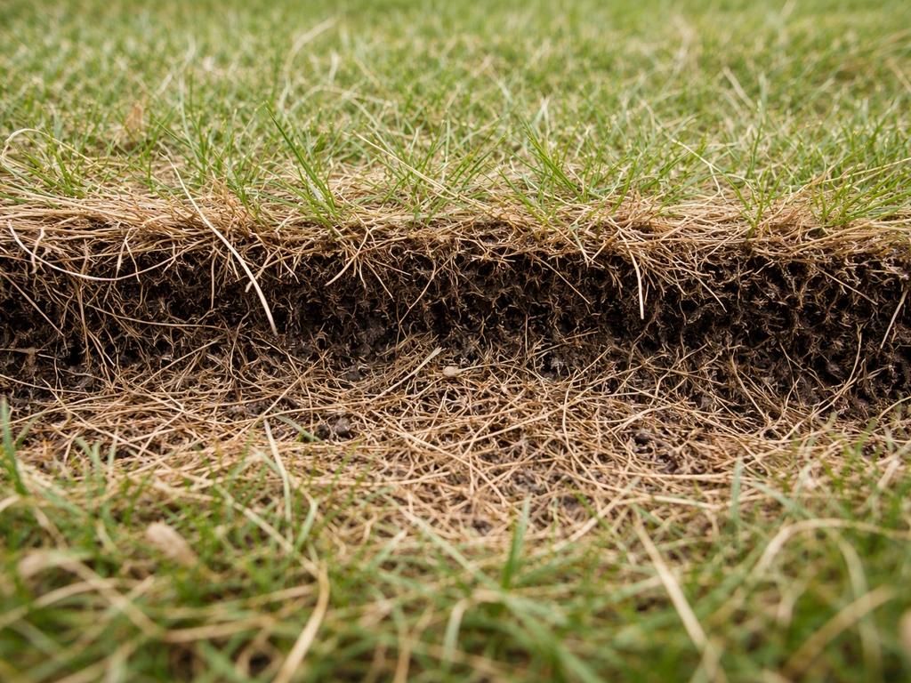 Close-up van een opengekrabde grasmat met stro en een donkere viltlaag net boven de bodem.