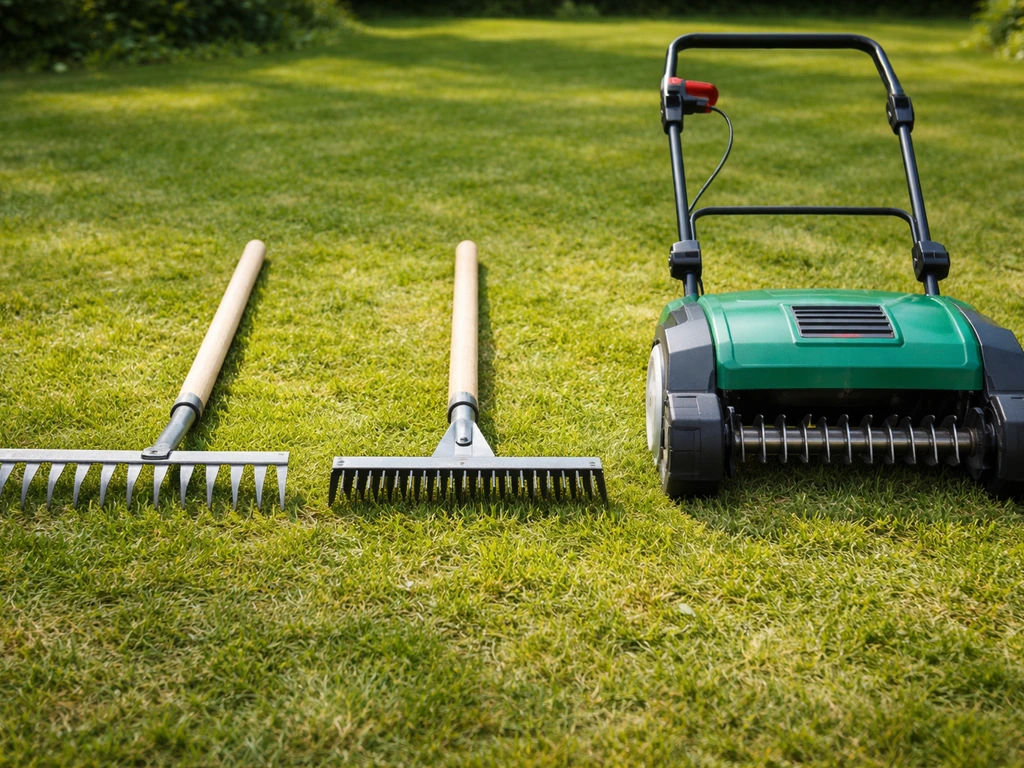Drie tuingereedschappen naast elkaar op gras: hark, verticuteerhark en verticuteermachine met zichtbare tanden.