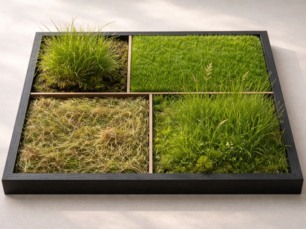 Vier kleine vakken met gras: plant, strak gazon, ruigere grasland/weide en gelig hooiland/hooiweide.