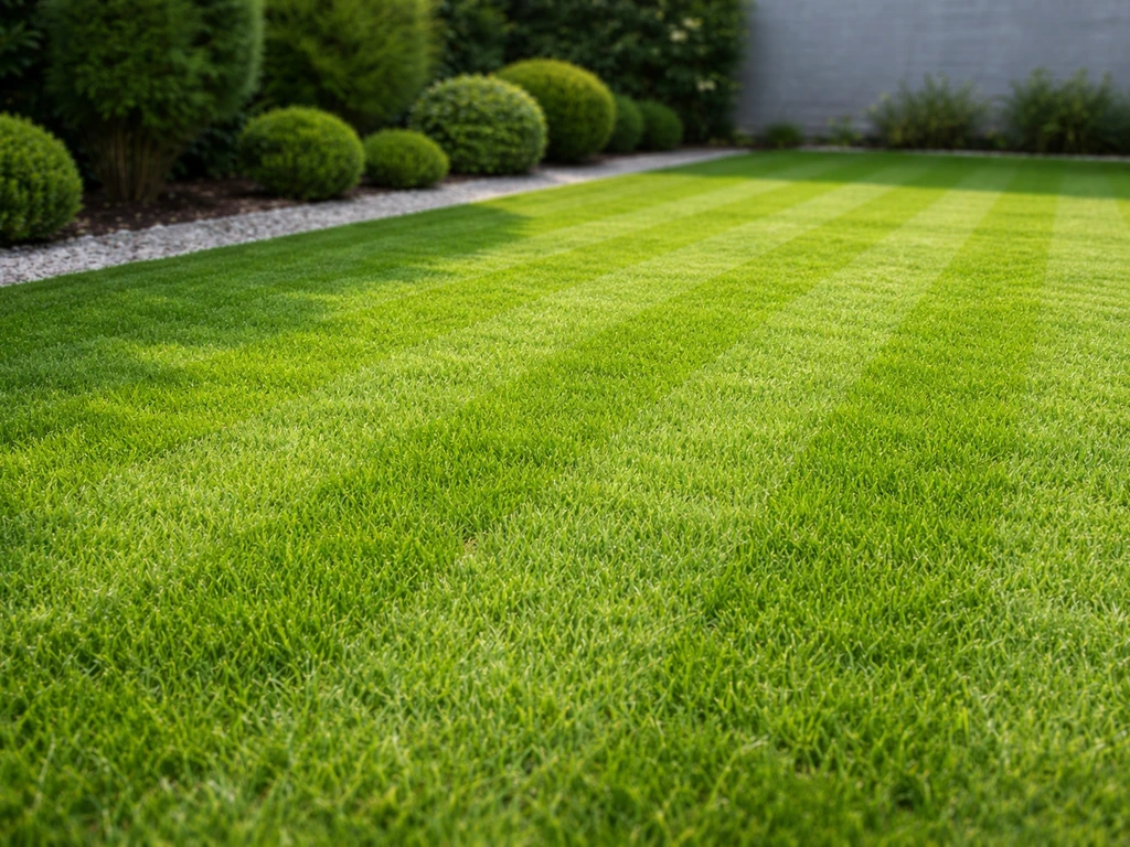 Strak gemaaid, groen gazon in een particuliere tuin met nette gazonrand en lichte schaduwen van bomen