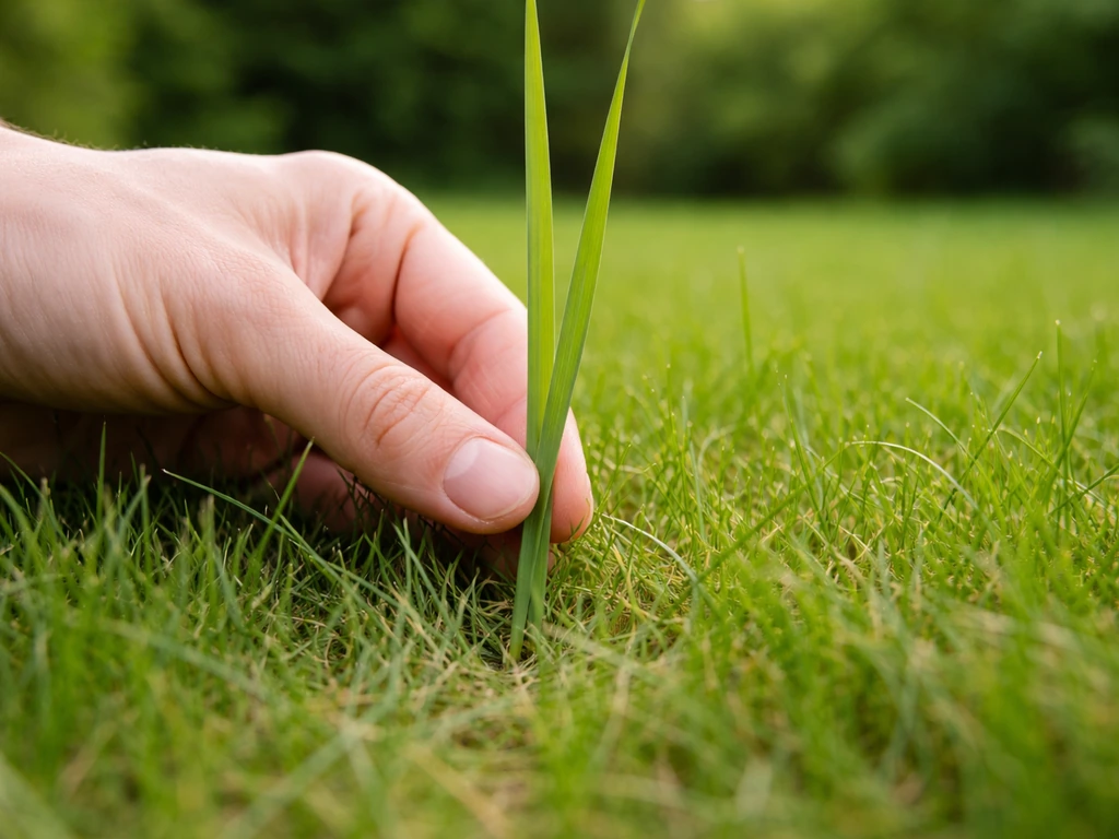 Close-up van gras waarbij je bladschede en bladschijf inspecteert, liggend/knielend in de tuin